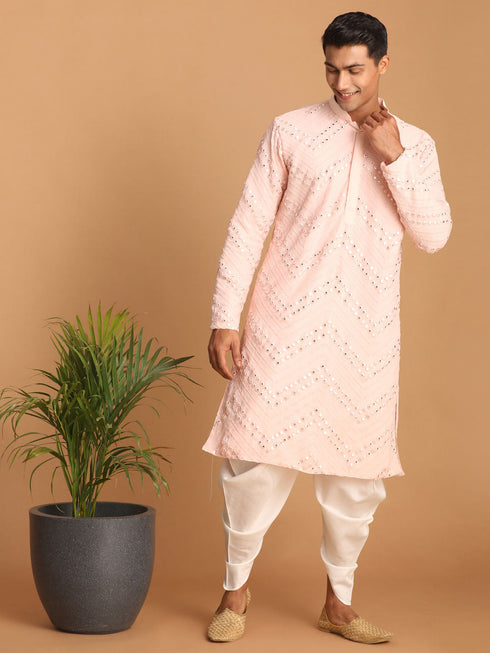 Vastramay Men's Pink Mirror Kurta dhoti Set